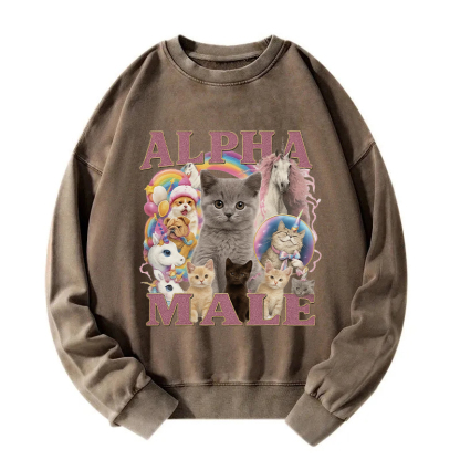 Alpha Male Funny Cat Meme Washed Sweatshirt