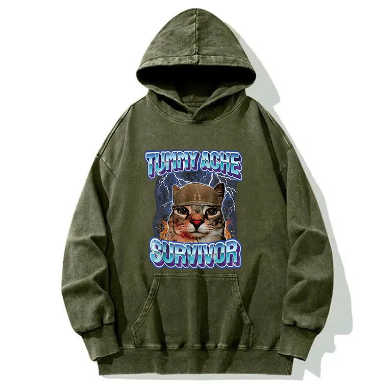 Tummy Ache Survivor Cat Meme Washed Hoodie