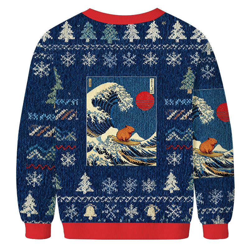 Capybara Surfing Christmas Ugly Sweatshirt