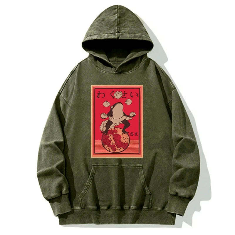 Wakusei Frog Funny Washed Hoodie