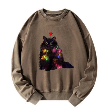 Christmas Lights Cat Washed Sweatshirt