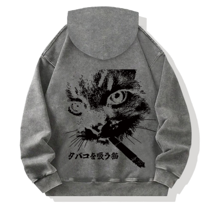 Retro Cat Smoking Back Washed Hoodie