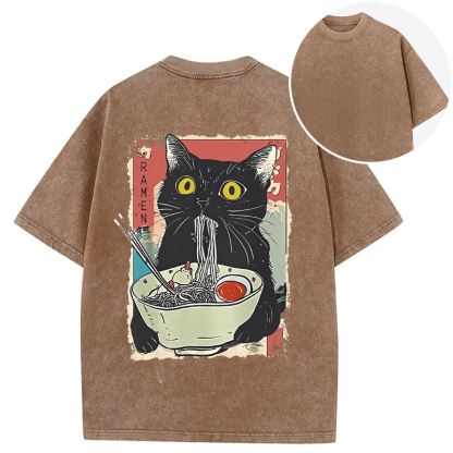 Cute Cat Eating Ramen Back Washed T-Shirt