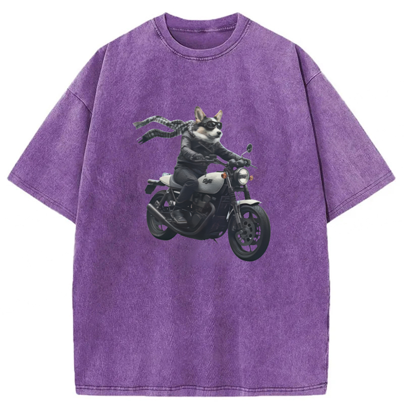 Tokyoviva Corgi Biker Riding Motorcycle Washed T-shirt
