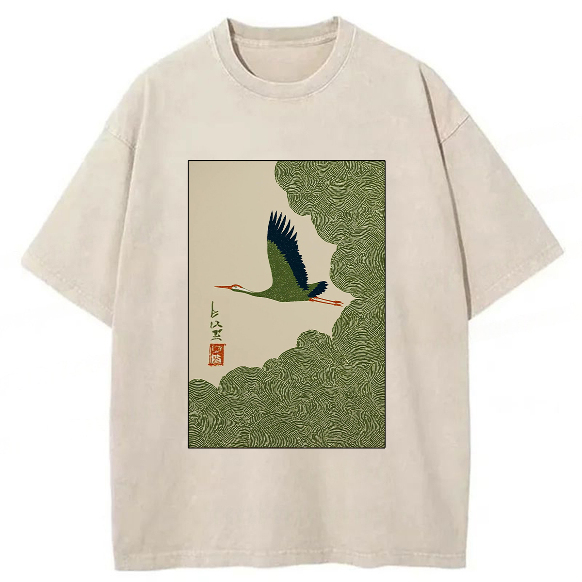 Tokyoviva Japanese Crane In Swirling Clouds And Mist Washed T-shirt