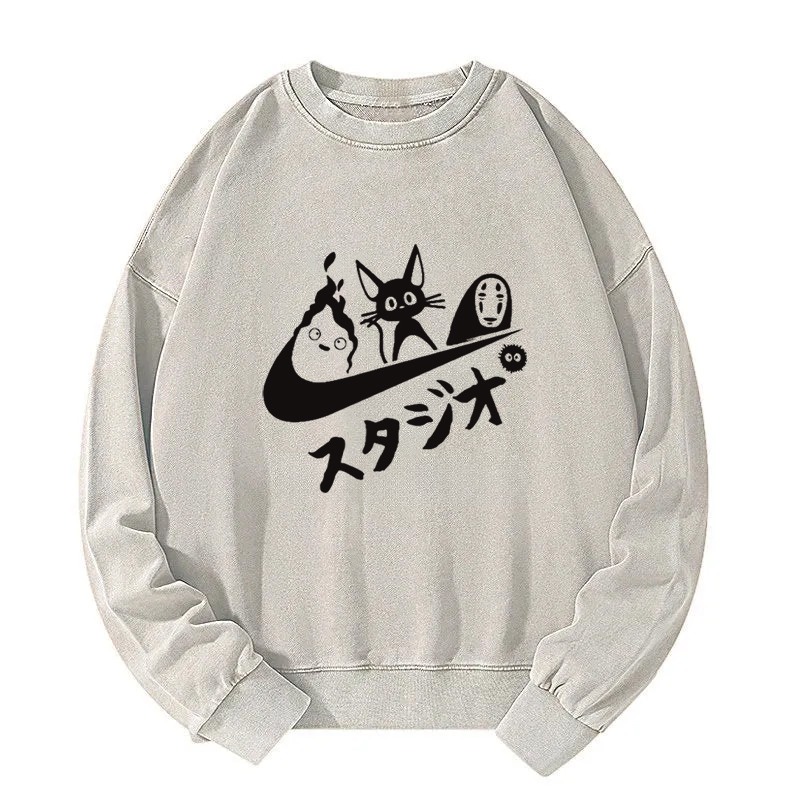 Black Cat Ghibli Vintage Washed Sweatshirt