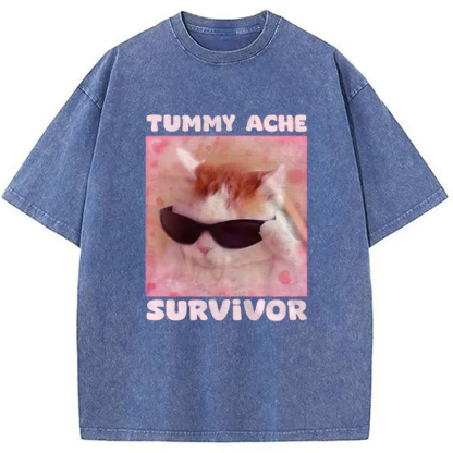 Tummy Ache Survivor Funny Cat Meme Washed T-Shirt
