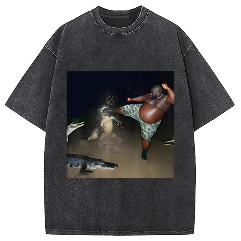 Man Kick Alligator In Swamp Funny Washed T-Shirt