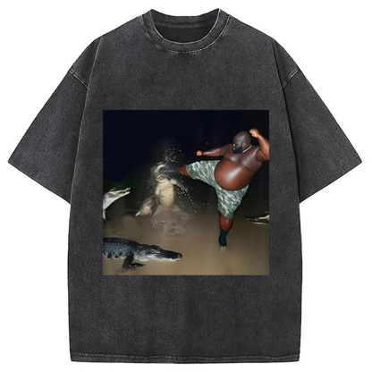 Man Kick Alligator In Swamp Funny Washed T-Shirt