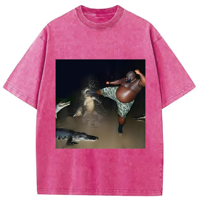 Man Kick Alligator In Swamp Funny Washed T-Shirt