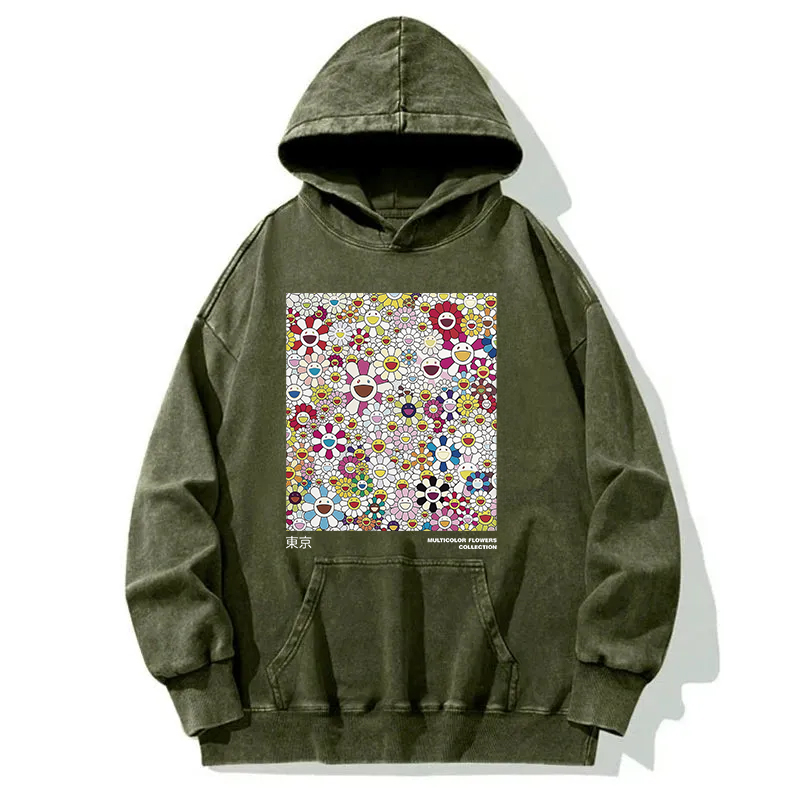 Colorful Flowers Japanese Art Washed Hoodie