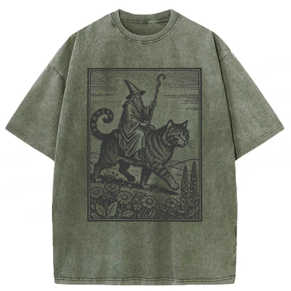 Tokyoviva Funny Wizard Cat Rider Washed T-shirt