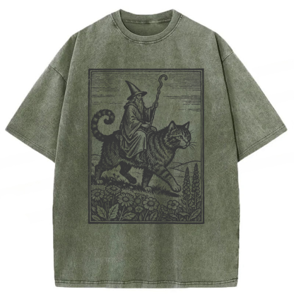 Tokyoviva Funny Wizard Cat Rider Washed T-shirt