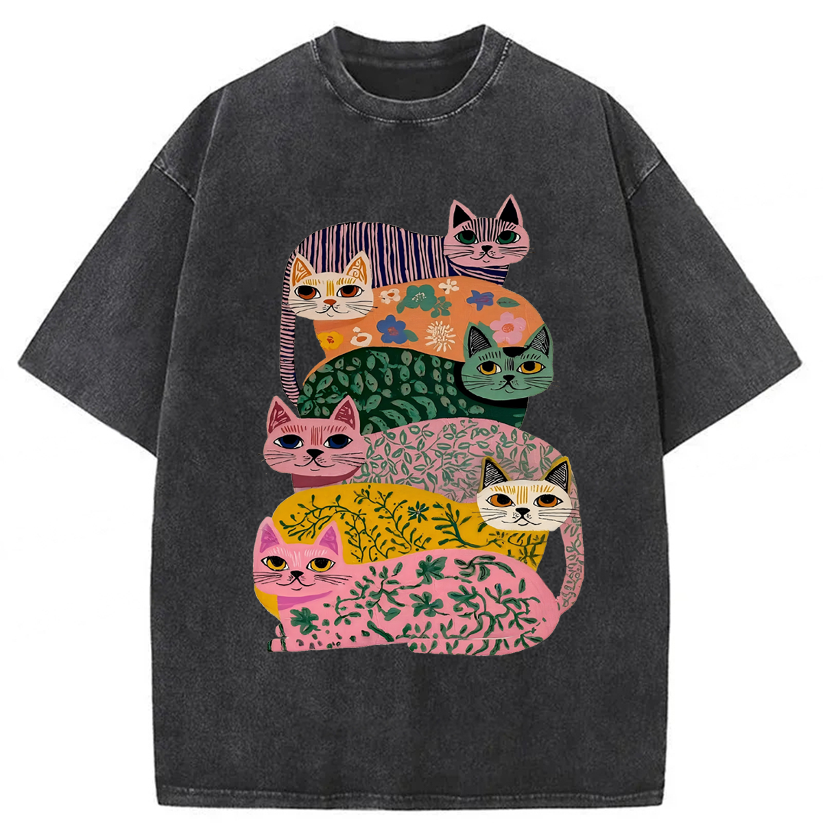 Tokyoviva Whimsical Floral Cats Washed T-shirt