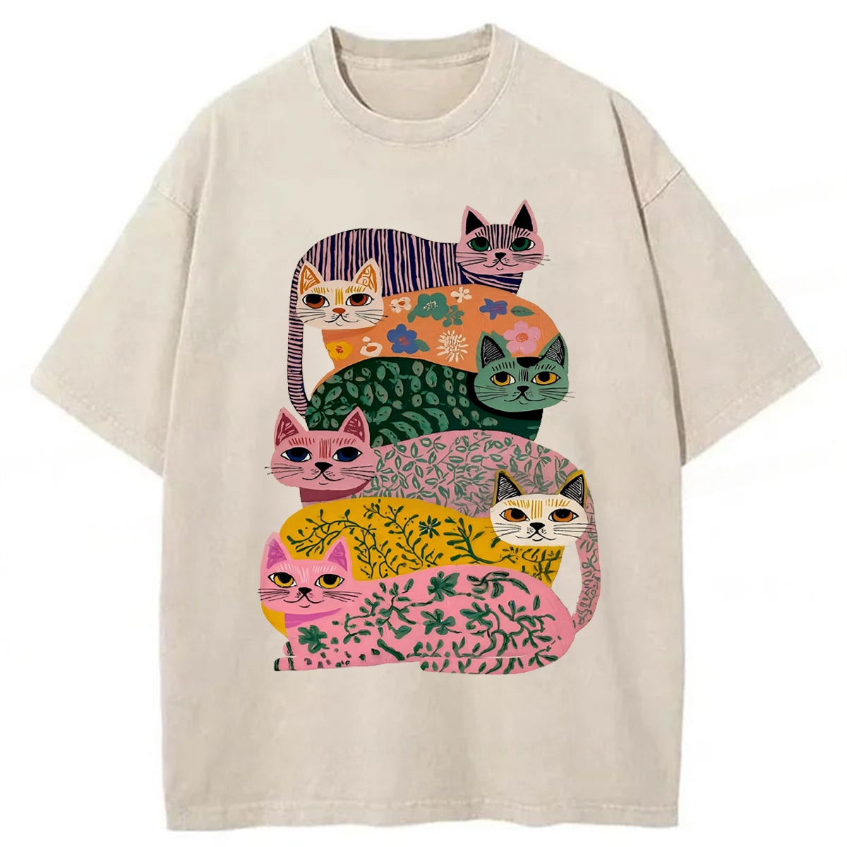 Tokyoviva Whimsical Floral Cats Washed T-shirt