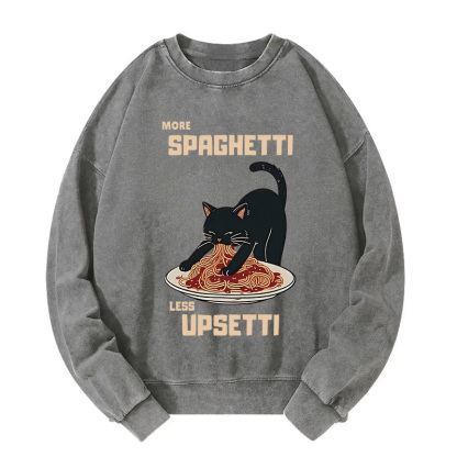 Cat Eating Spaghetti Funny Washed Sweatshirt
