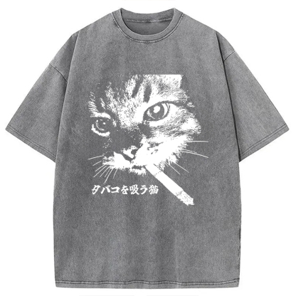 Retro Cat Smoking Washed T-Shirt