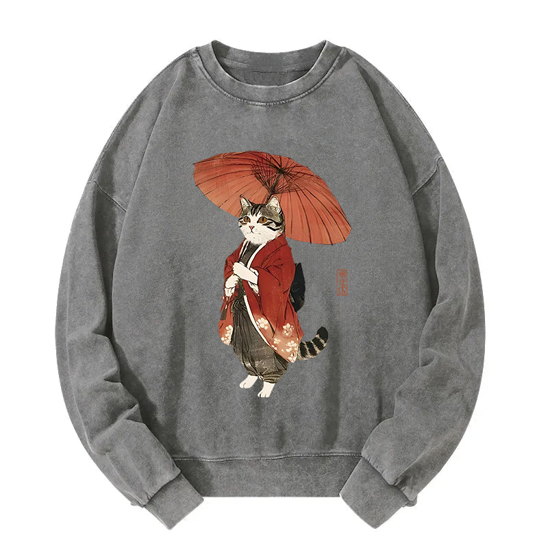 Elegant Cat Holding Umbrella Washed Sweatshirt