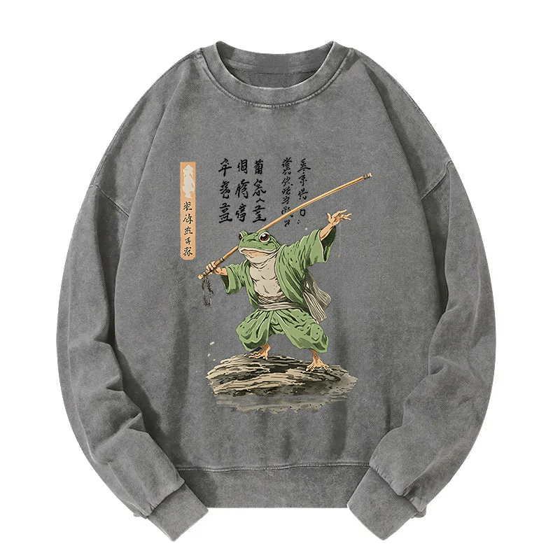 Frog Samurai Japanese Art Vintage Washed Sweatshirt