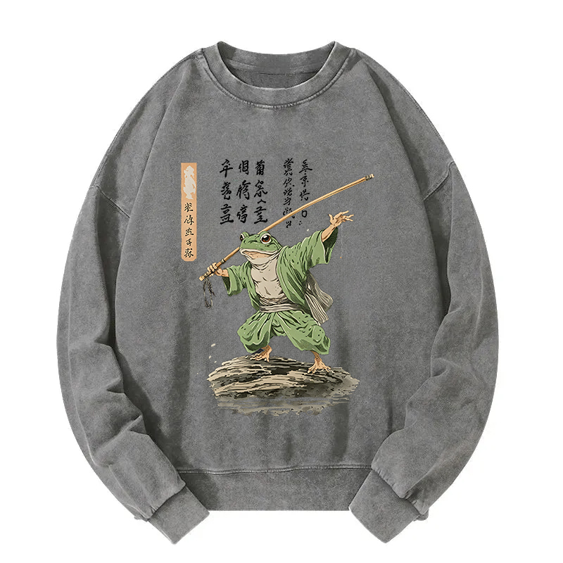 Frog Samurai Japanese Art Vintage Washed Sweatshirt