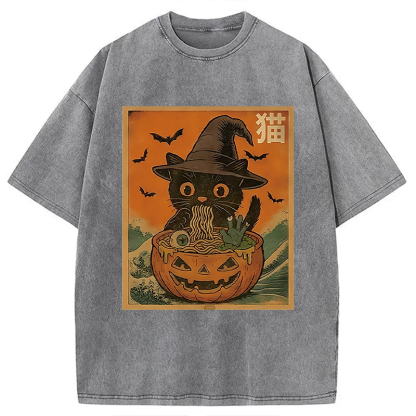 Halloween Cat Eating Ramen Washed T-Shirt