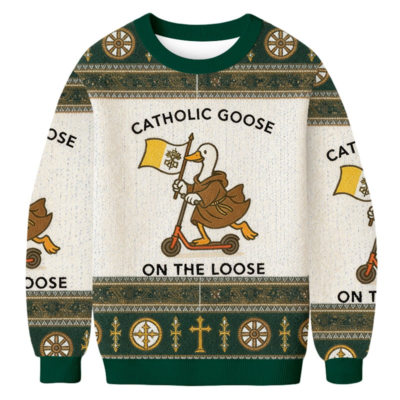 Tokyoviva Catholic Goose On The Loose Christmas Ugly Sweatshirt