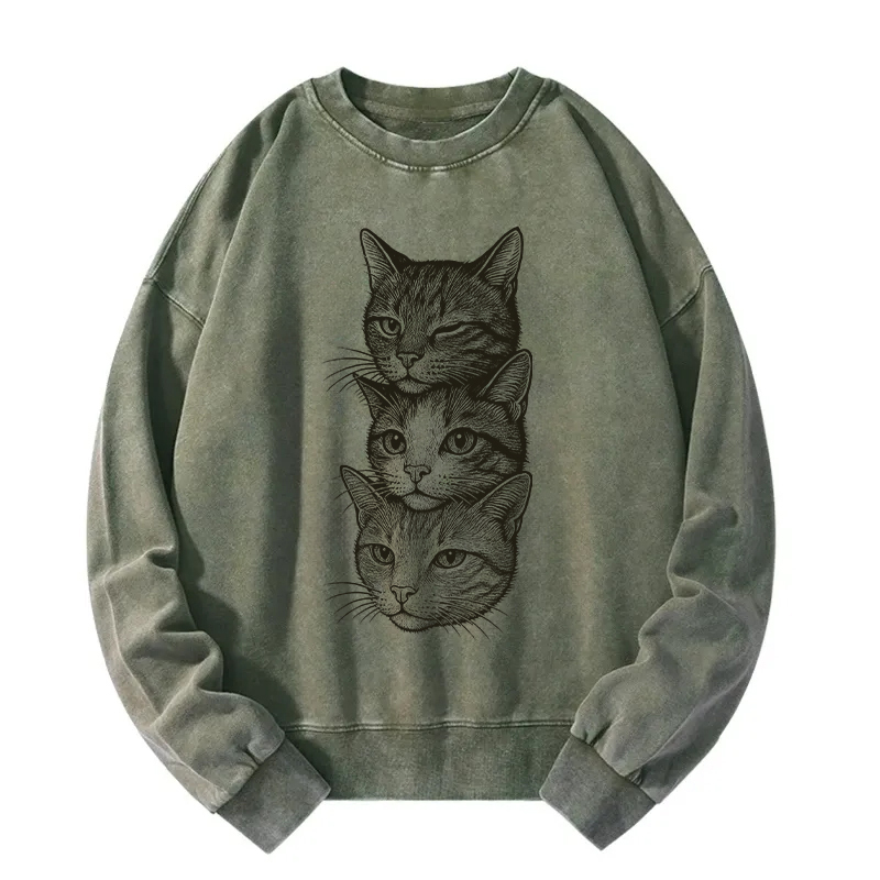 Three Cat Heads Washed Sweatshirt