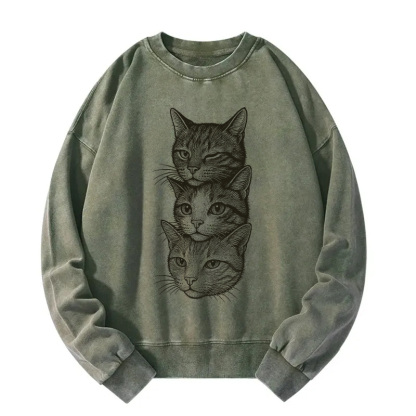 Three Cat Heads Washed Sweatshirt