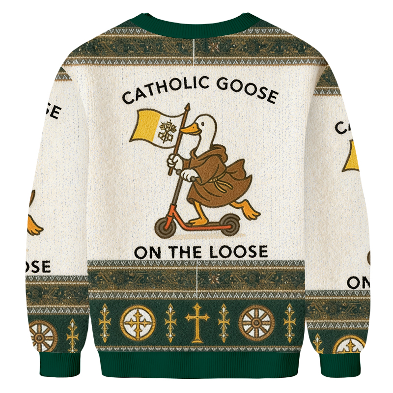 Baddiecat Catholic Goose On The Loose Christmas Ugly Sweatshirt