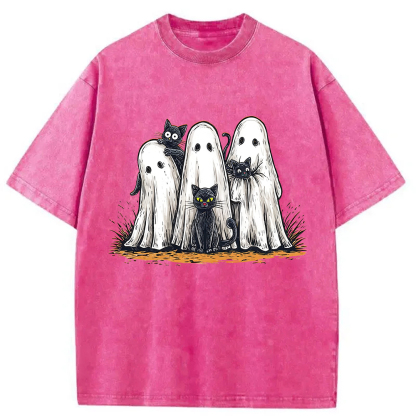 Black Cat Ghost Halloween Washed T-Shirt