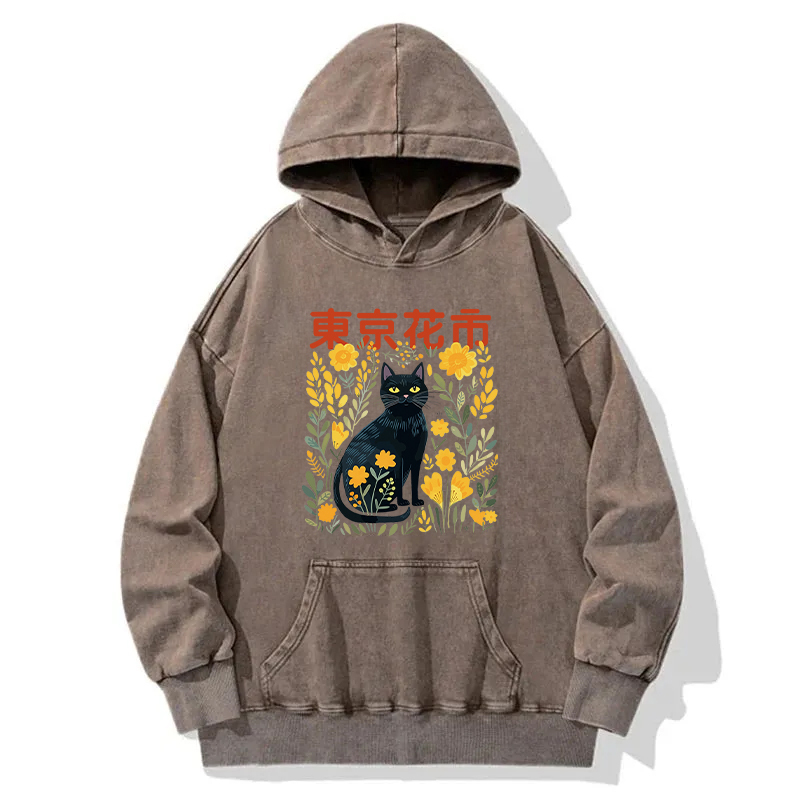 Black Cat In Flower Garden Washed Hoodie