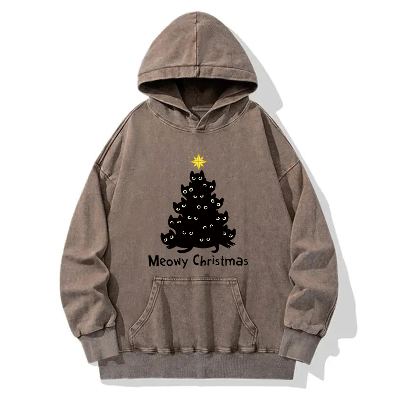 Black Cat Christmas Tree Washed Hoodie