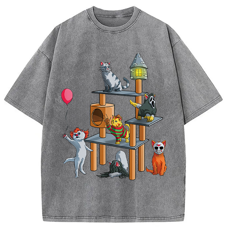 Funny Cat Horror Movies Cute Halloween Washed T-Shirt