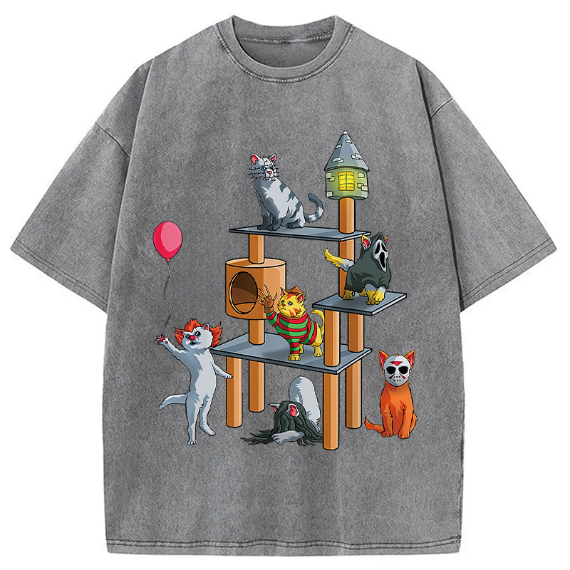 Funny Cat Horror Movies Cute Halloween Washed T-Shirt