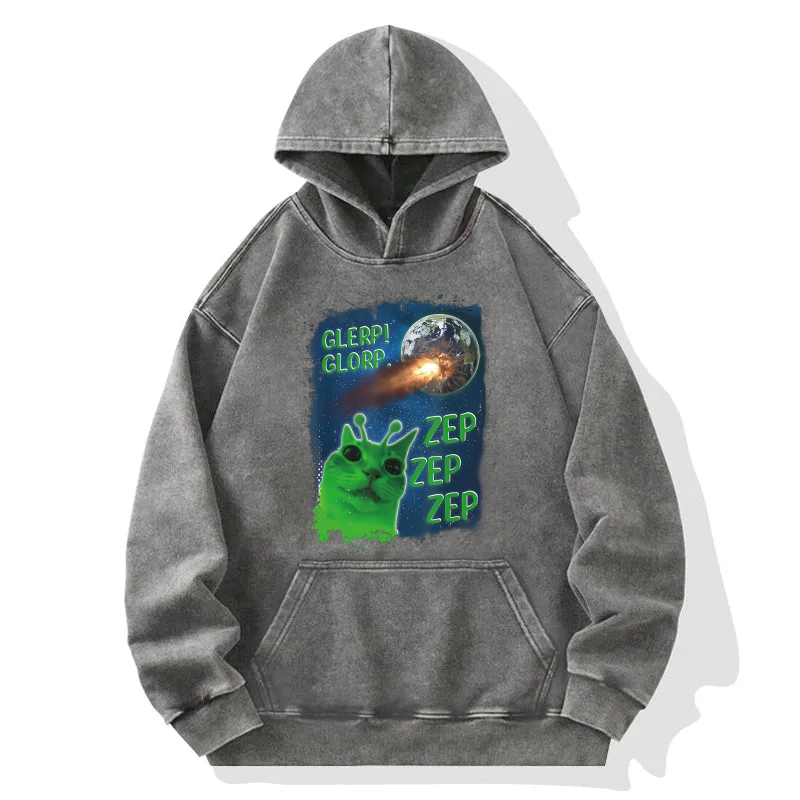 Funny Alien Cat Meme Washed Hoodie