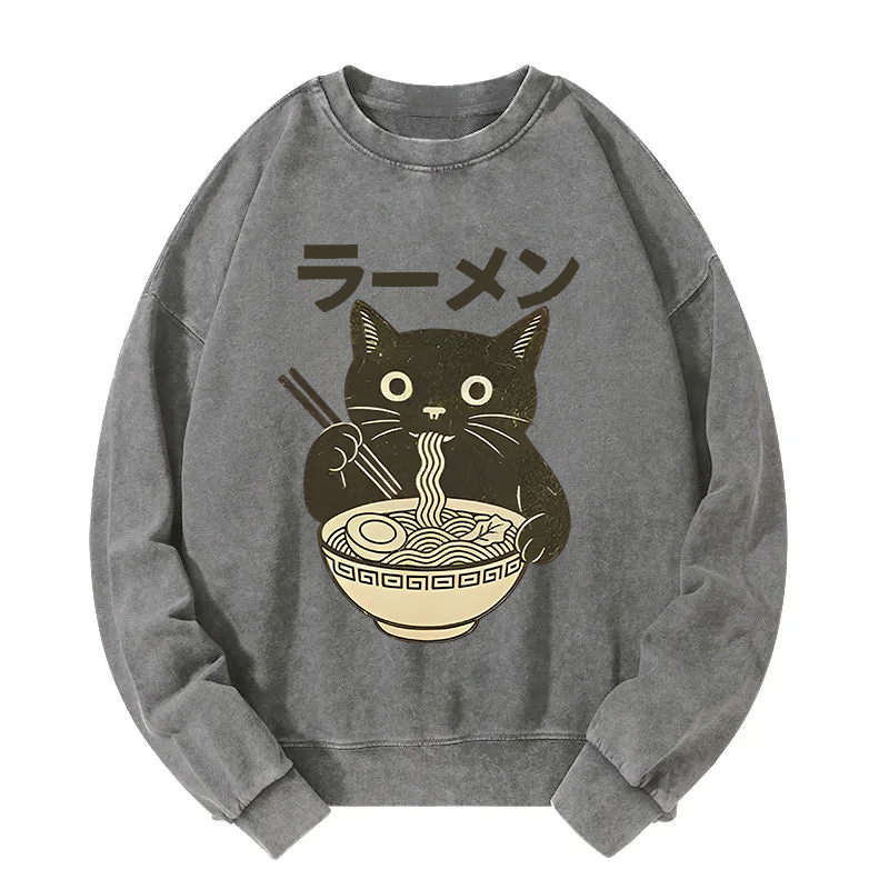 Simple Black Cat Eating Ramen Washed Sweatshirt
