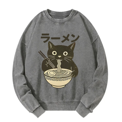 Simple Black Cat Eating Ramen Washed Sweatshirt