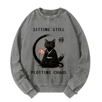 Sitting Calming Zen Cat Washed Sweatshirt