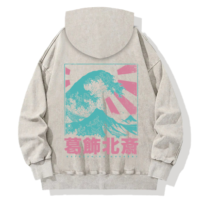 Japanese Great Wave Off Kanagawa Back Washed Hoodie