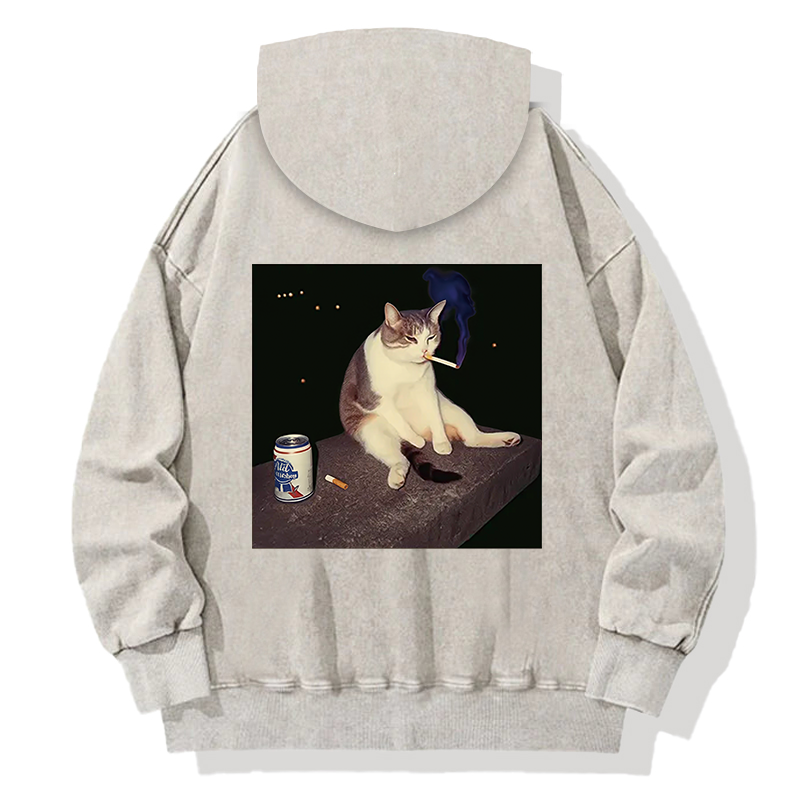 Cigarette Kitten Funny Smoking Cat Meme Back Washed Hoodie