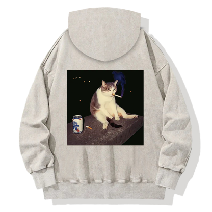 Cigarette Kitten Funny Smoking Cat Meme Back Washed Hoodie