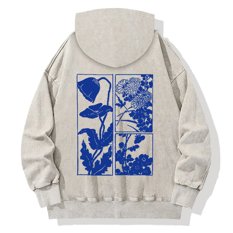 Woodcut Flowers Back Washed Hoodie