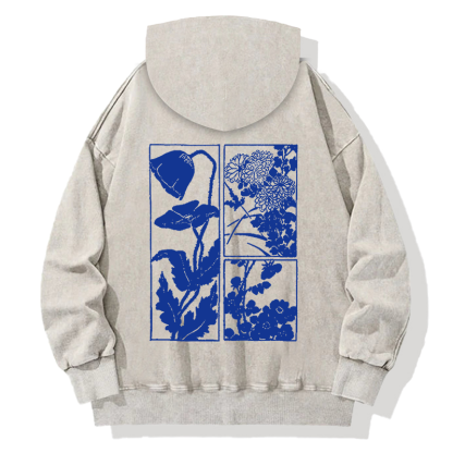 Woodcut Flowers Back Washed Hoodie