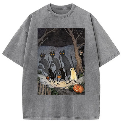 Black Cat Ghost Halloween Washed T-Shirt
