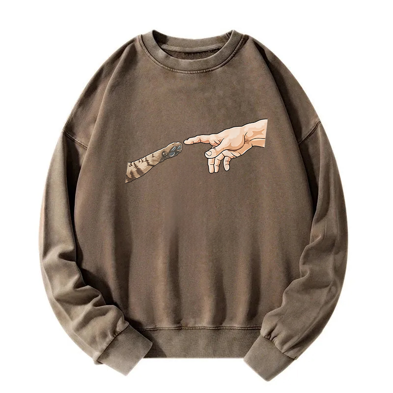 Cat God Creation Of Adam Meme Washed Sweatshirt