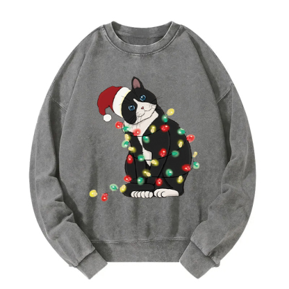 Funny Christmas Lights Cat Washed Sweatshirt