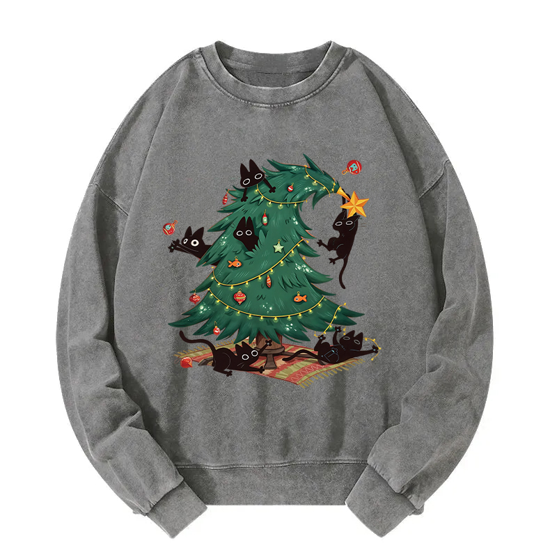 Christmas Tree And Cat Washed Sweatshirt