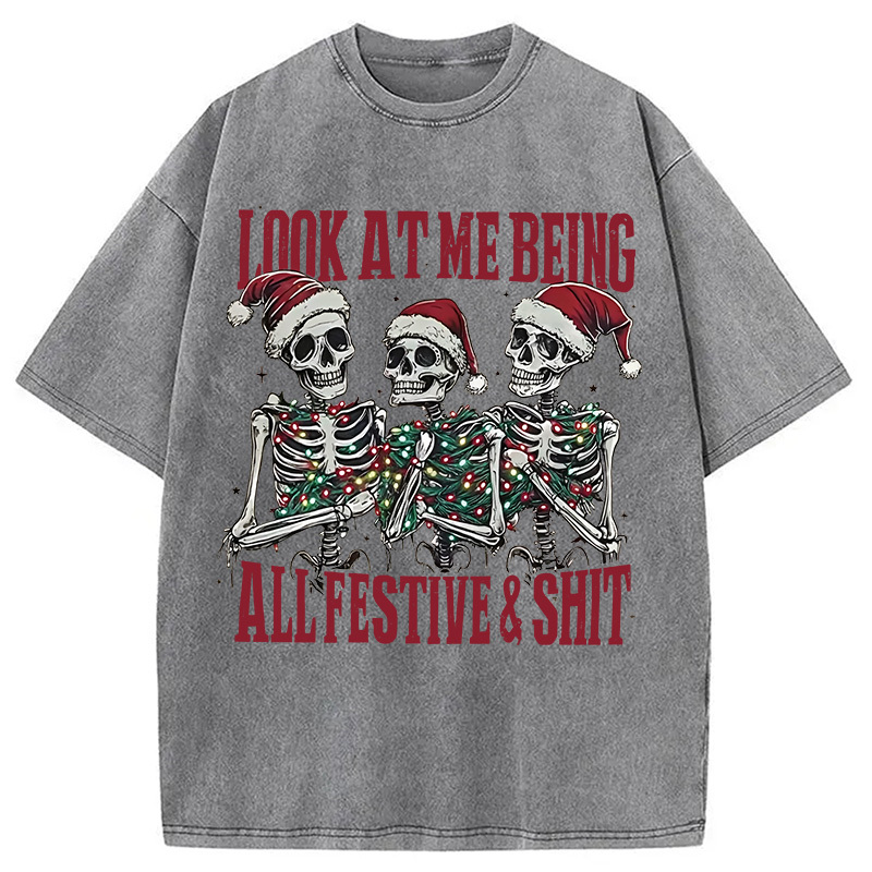 Funny Christmas Skull Washed T-Shirt