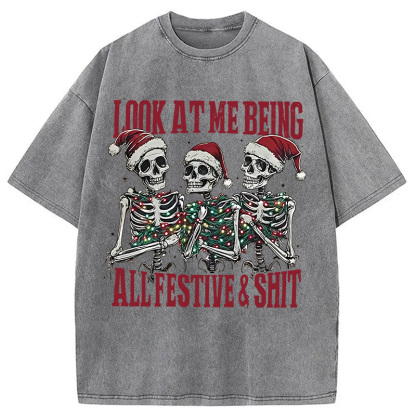 Funny Christmas Skull Washed T-Shirt
