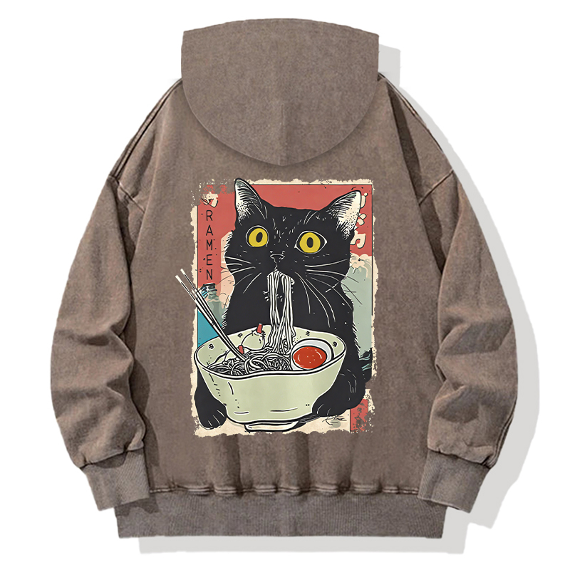 Cute Cat Eating Ramen Back Washed Hoodie